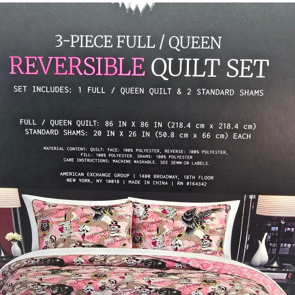 Ed Hardy Pink Camo Skull Tattoo 3pc Reversible Quilt Set Full Queen New